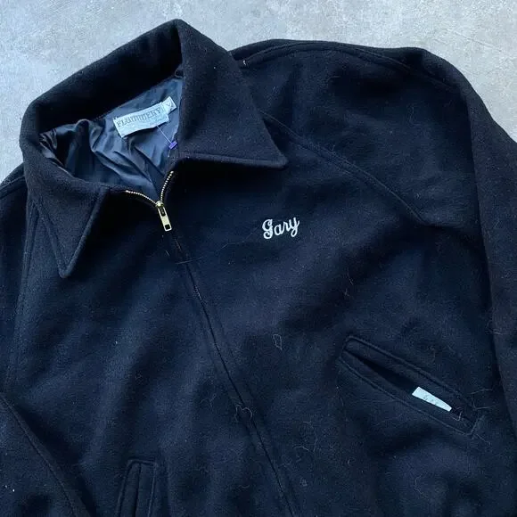 VINTAGE CHAINSTITCHED WOOL BLACK JACKET USA LARGE 80S 90S CATS GARY MUSICAL